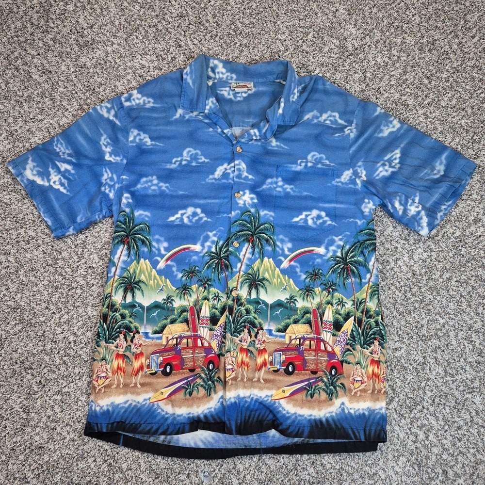Evergreen Island Mens Hawaiian Aloha Shirt Blue Beach Woody Car Hula Made Hawaii
